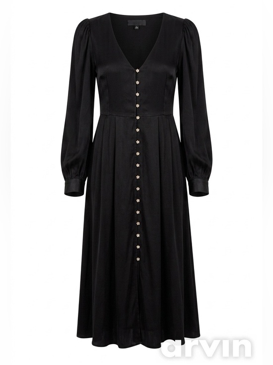 En Saison Dresses & Skirts - En Saison Black Satin V-Neck Crystal Button Maxi Dress - Size S